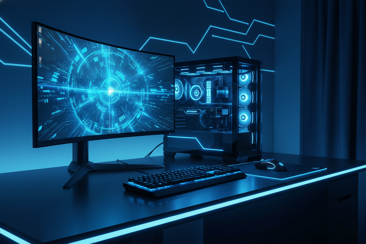 Crea una imagen horizontal referente a computación gamer predomina el color azul